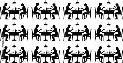 Couples dining at restaurant tables silhouette icons set, romantic date night vector elements with wine glasses and food,