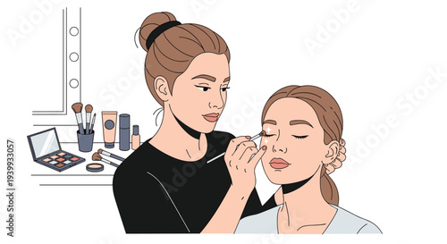 A professional makeup artist applies eyeshadow to a female client's eyelids in a beauty salon setting with cosmetics, Generative AI.