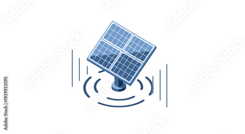 Isometric view of a blue solar panel mounted on a stand with radiating concentric circles symbolizing energy transmission, Generative AI.