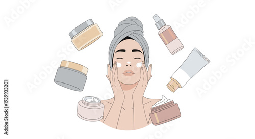 Woman with a towel on her head applying face cream surrounded by various jars tubes and bottles of skincare products, Generative AI.