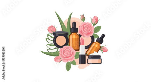 Cosmetic beauty products like lipstick powder and oils are arranged with pink roses and aloe vera plants, Generative AI.