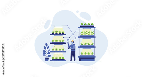 Farmer monitors a multi-layered vertical farm with numerous plants utilizing a tablet for control, Generative AI.