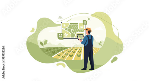 Farmer uses a digital tablet to view a smart farming map showing field conditions and crop management, Generative AI.