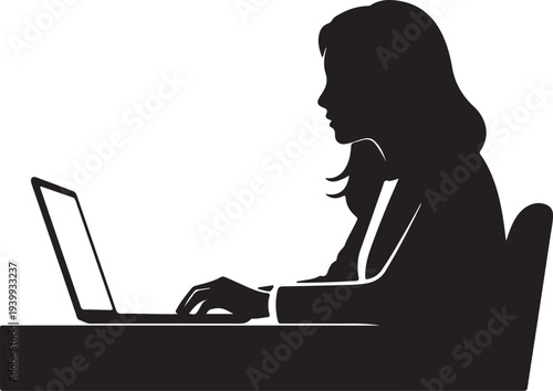 A side profile silhouette of a business woman diligently working on a laptop computer at a desk, focused on her task.
