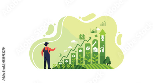 Farmer observes a rising bar graph made of plants and financial symbols representing agricultural business growth, Generative AI.