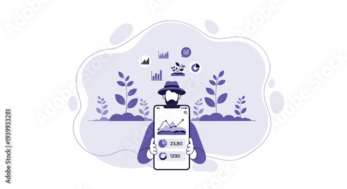 Man analyzes farm data and growth charts on a smartphone application amidst plants for smart agriculture, Generative AI.