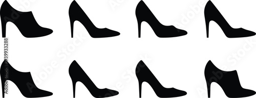 Fashion high heel shoe silhouettes, stylish footwear vector, elegant women’s shoes design, trendy fashion accessory, minimalist black illustration