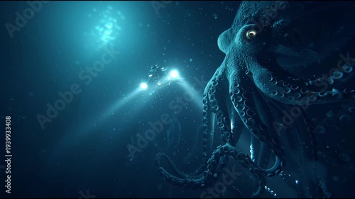 Deep sea diver futuristic submarine giant squid underwater monster abyss exploration ocean darkness sci fi adventure glowing light deep ocean marine creature underwater exploration aquatic mystery