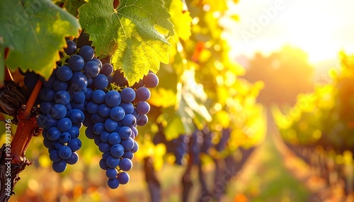 A serene vineyard scene with ripe purple grapes hanging from lush green vines