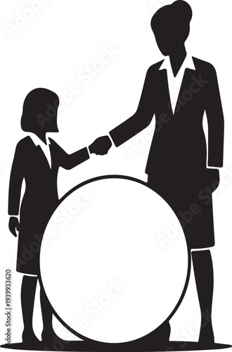 A black silhouette illustration of an adult corporate executive woman shaking hands with a younger girl in business attire, with a large blank circle for text.