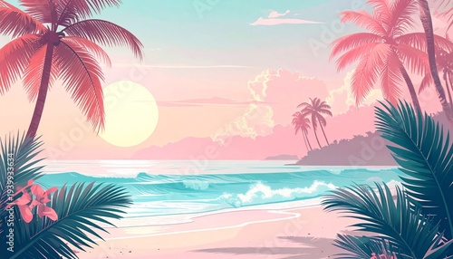 Minimal summer pastel concept, soft colors of tropical background, pastel palm trees and palm leaf. Exotic summer beach concept. 