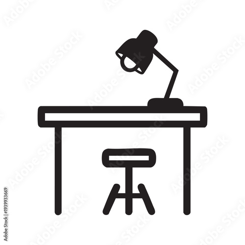 A simple desk with a lamp and stool