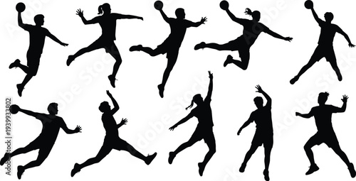 Handball player silhouettes vector illustration, dynamic sports artwork with ball action poses, athletic design for training, competition themes