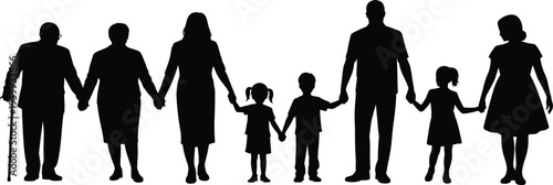 Large multi generational family silhouette holding hands, big family including grandparents parents and children together on white background