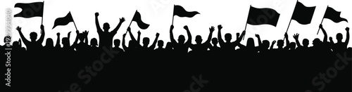 large protest crowd silhouette with waving flags, people raising hands rally, political demonstration gathering, activist movement, freedom protest concept