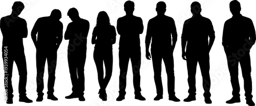 Black silhouette vector illustration of a diverse group of casual people standing in various relaxed poses for social community concepts.