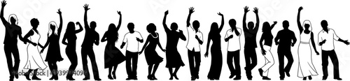 Black silhouette vector illustration of a diverse group of people dancing and celebrating at a party or music festival event.