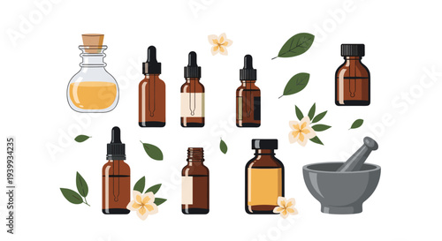 Diverse collection of essential oil bottles, dropper bottles, a mortar and pestle, and natural botanicals like leaves and flowers.