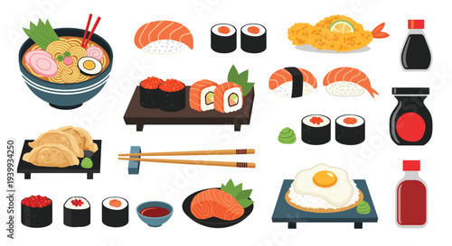 Extensive assortment of delicious Japanese cuisine, including ramen, sushi, sashimi, gyoza, and tempura, with chopsticks and sauces.