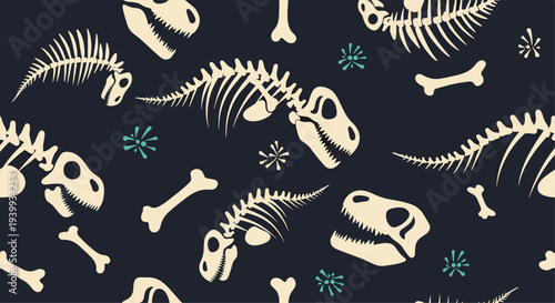 Exciting seamless pattern featuring various dinosaur skeletons and scattered bones, creating a prehistoric and adventurous design.