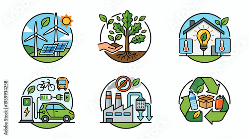 Green Energy Ecosystem Icons with Solar Panels Eco Farming Smart Home Electric Mobility Recycling and Sustainable Industry