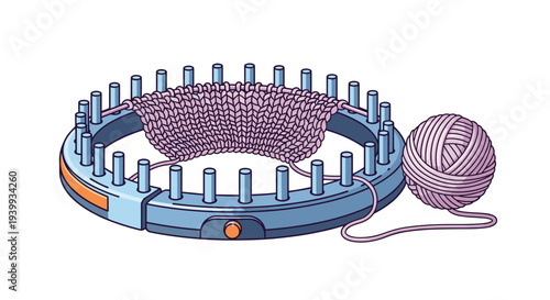 Circular knitting loom with pink yarn being worked, a popular tool for crafting scarves, hats, and other knitted items.