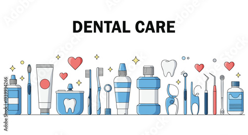 Extensive array of dental care tools and products, including toothbrushes, toothpaste, mouthwash, and specialized instruments, with "DENTAL CARE" text.