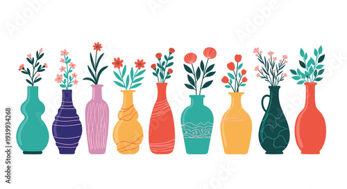 Diverse collection of colorful vases in various shapes and patterns, each holding vibrant blooming flowers and green foliage.