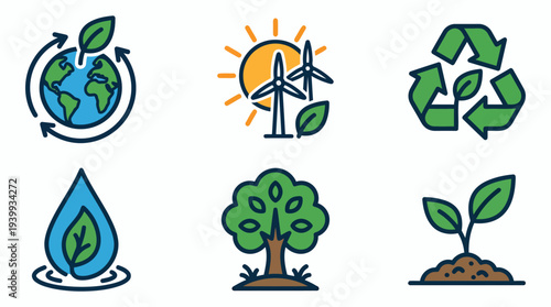 Planet Earth Sustainability Icons with Renewable Wind Energy Recycling Water Conservation Tree Planting and Eco Growth