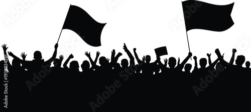 protest crowd silhouette with waving flags, people raising hands rally, political demonstration gathering, activist movement concept, freedom protest background