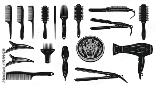Extensive set of professional hairdresser tools in black silhouettes, including various combs, brushes, dryers, and styling irons.