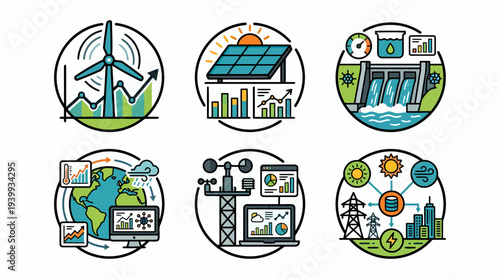 Renewable Energy Technology Icons with Wind Farm Solar Panels Smart Grid Data Monitoring Electricity Infrastructure and Power Systems