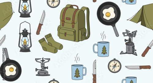 Extensive seamless pattern featuring various camping and outdoor gear, including backpacks, lanterns, knives, and cooking equipment.