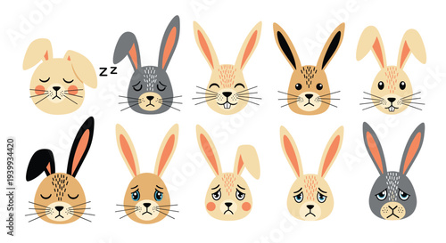 Adorable collection of rabbit faces depicting a wide range of emotions, from sleepy and sad to happy and confused.