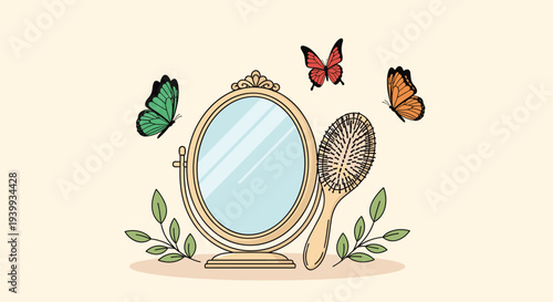 Elegant vintage mirror and a classic hairbrush, surrounded by delicate butterflies and green leaves, symbolizing beauty and vanity.