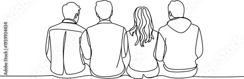 Minimalist continuous line drawing of four people sitting together from behind, symbolizing friendship, unity, companionship, casual community connection