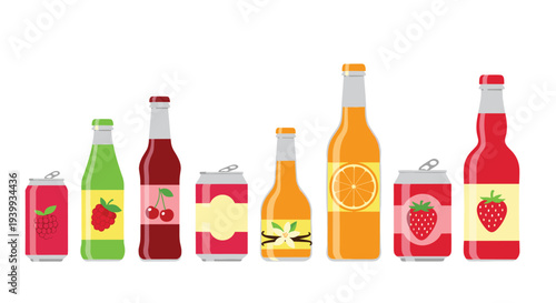 Diverse collection of colorful fruit beverages in bottles and cans, featuring raspberry, cherry, vanilla, orange, and strawberry flavors.
