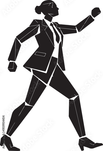 A confident, geometric silhouette of a corporate executive woman in a suit and tie, striding forward with an uplifted arm.