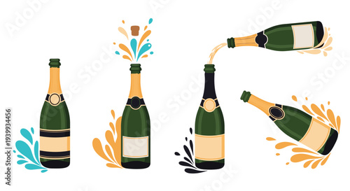 Dynamic set of champagne bottles, some corked and some uncorked with festive splashes, ready for celebration and special occasions.