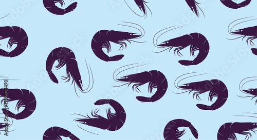 Repeating design with stylized shrimp swimming in various directions on a pale blue background perfect for nautical themes.