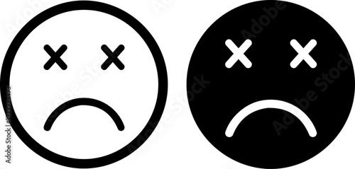 Sad faces with crossed out eyes in black and white