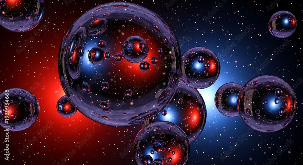 Fototapeta premium Abstract multiverse with glossy reflective bubbles floating in a starry space, each containing a miniature cosmic scene, illuminated by ethereal red and blue light.