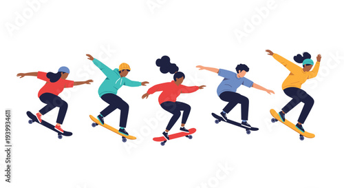 Energetic illustration showcasing a diverse group of young men and women actively skateboarding and performing tricks.