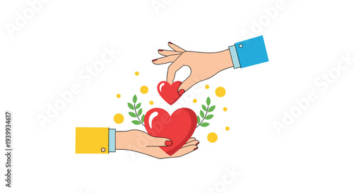 Symbolic illustration of two hands exchanging hearts representing concepts of giving receiving love compassion and generosity.