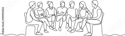 Minimalist continuous line drawing of group discussion, abstract meeting illustration, modern vector art, communication, collaboration, support, teamwork concept