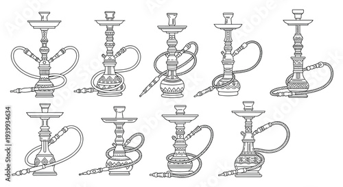 Comprehensive collection of ten unique black outline illustrations showcasing diverse designs of traditional hookahs and shisha pipes.