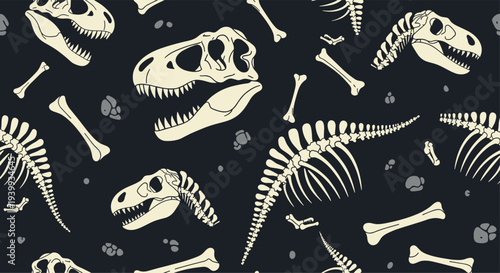 Fascinating seamless pattern displaying an array of dinosaur skeletons including skulls bones and footprints on a dark background.