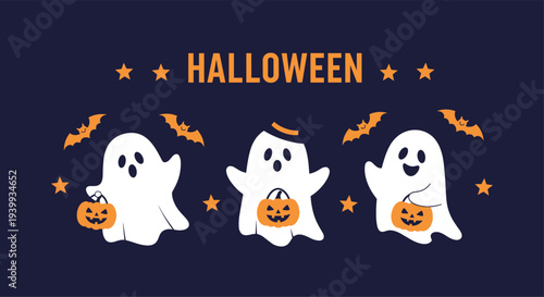 Adorable Halloween illustration featuring three friendly ghosts holding pumpkin buckets surrounded by bats stars and festive lettering.