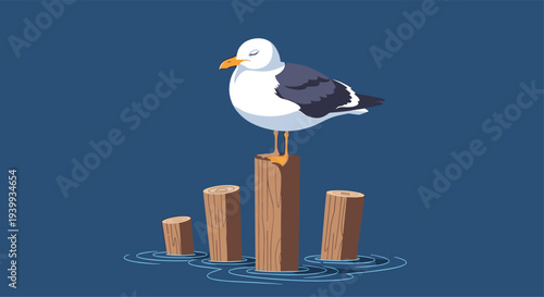 Serene illustration of a calm seagull perched atop a weathered wooden post in tranquil water against a deep blue backdrop.