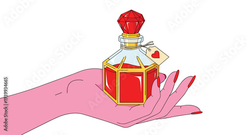 Elegant pink hand delicately holding a captivating hexagonal red potion bottle with a sparkling gem stopper and a tiny heart tag.